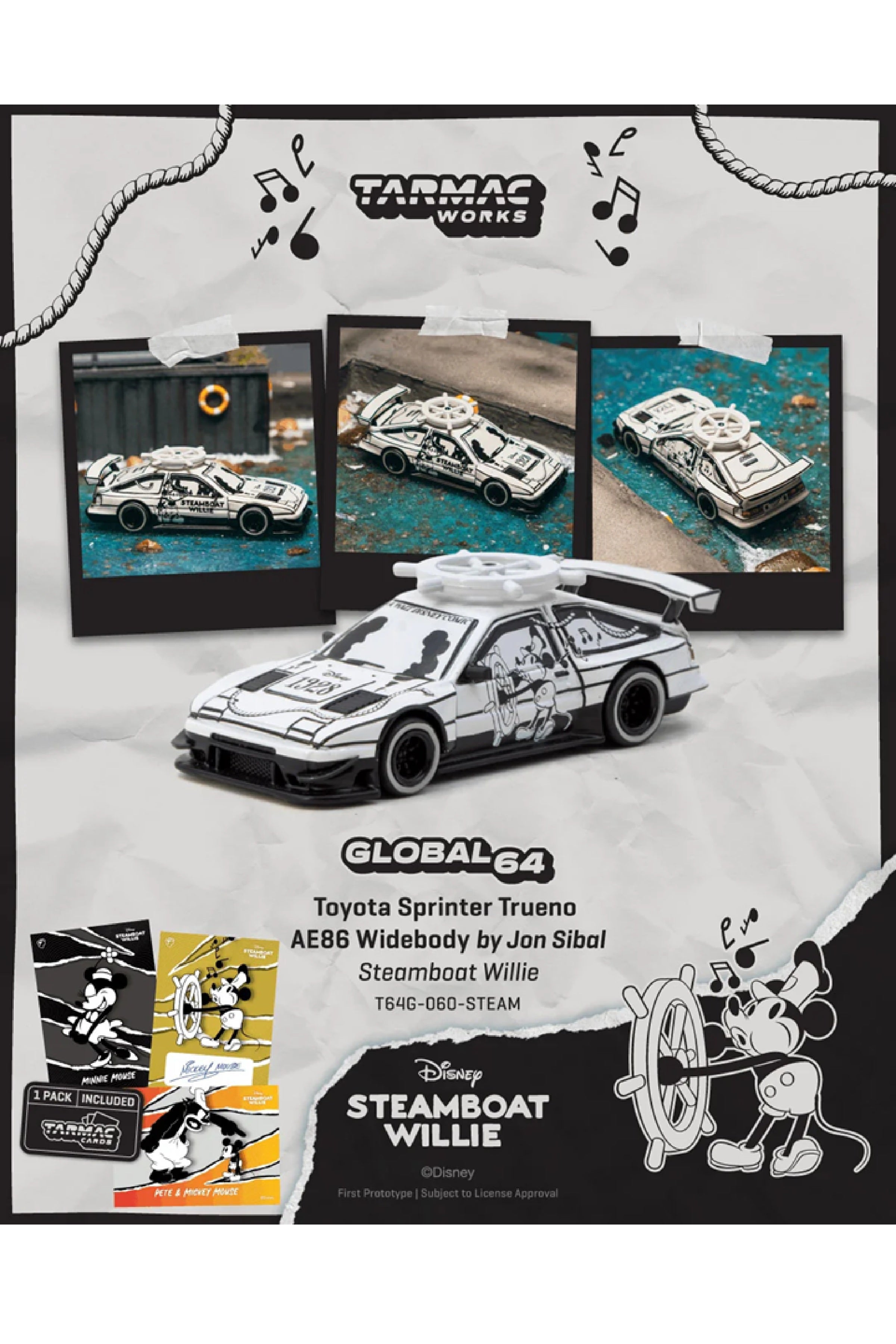 Preorder Tarmac Toyota Sprinter Trueno AE86 Widebody by Jon Sibal *Mickey & Friends Steamboat Willie*